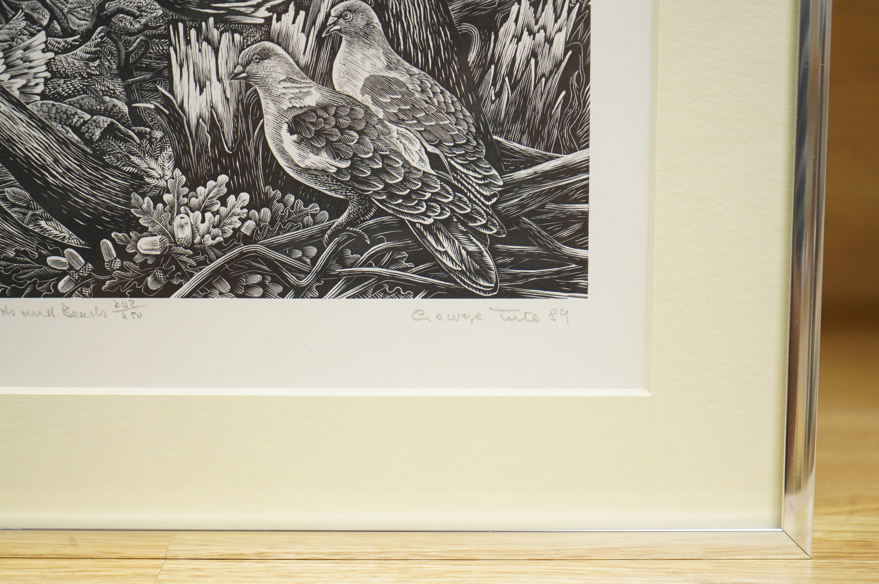 George Tute (b.1933), 'Birds and Beasts' signed, dated '89 and limited edition 242/250, woodcut, together with Peter Smith, Fallen Tree, signed in pencil, limited edition 242/250, woodcut, 22 x 15.5cm